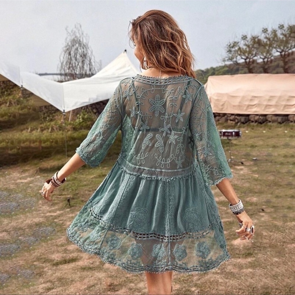 Dolly Boho Crochet Cotton Floral Inlay Lace Mini Dress Beach CoverUp - Picture 5 of 5